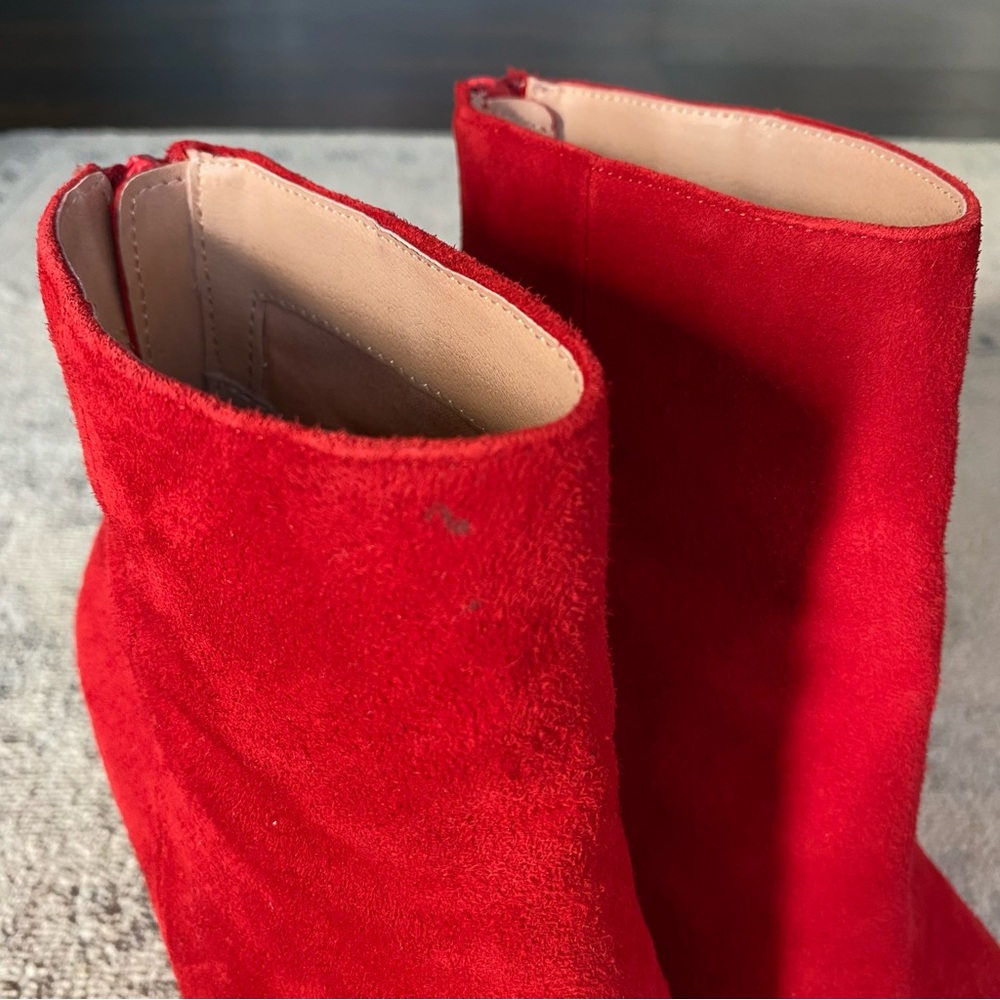 Red Suede Leather Block Heel Pointed Toe Boots Ch… - image 2